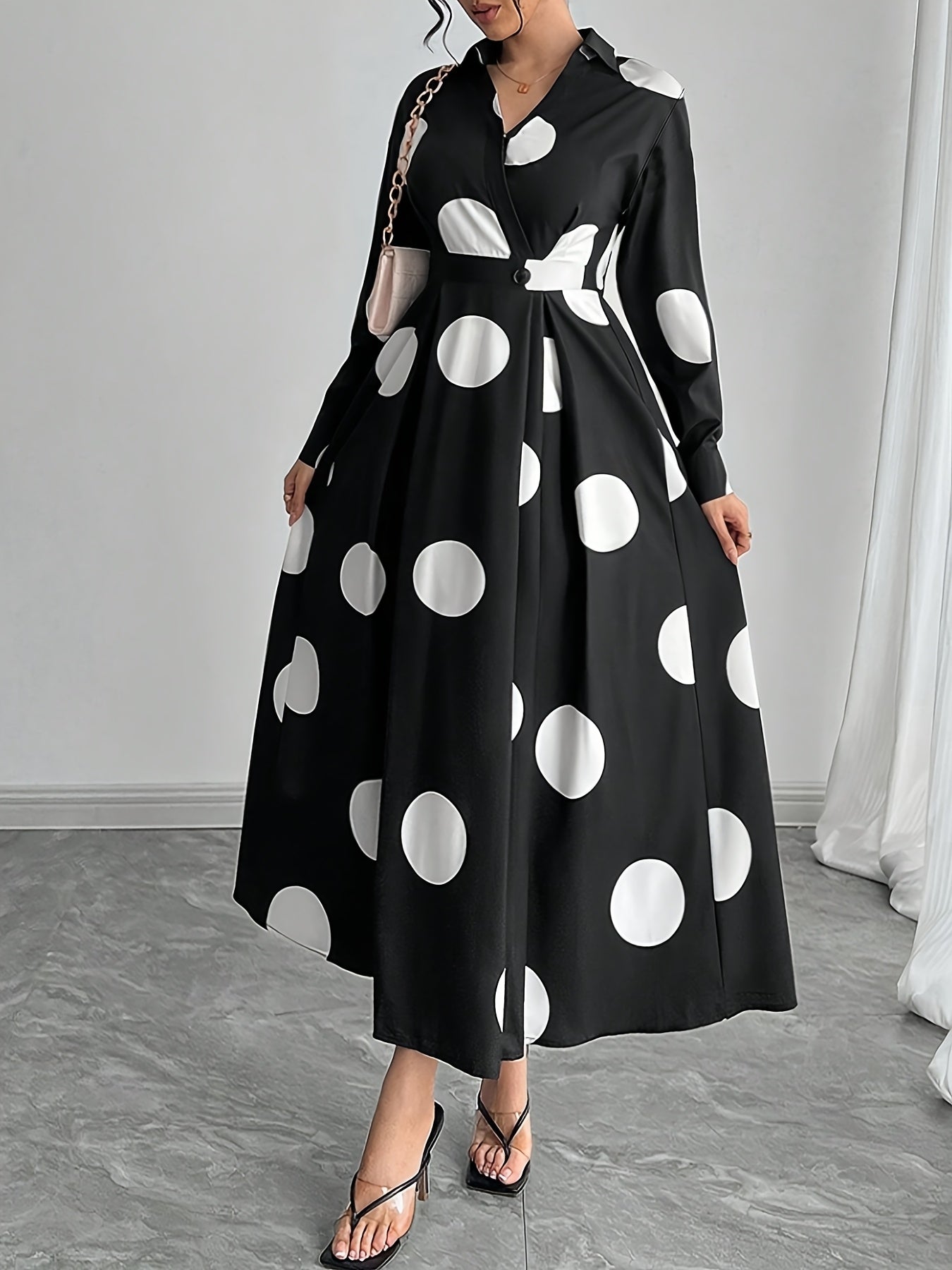 Women'S Elegant Long-Sleeve V-Neck Polka Dot Dress - White with Black Dots, Pencil Fit, Perfect for Spring/Summer/Fall, Casual Attire|Pencil Fit Dress|Vneckline Dress